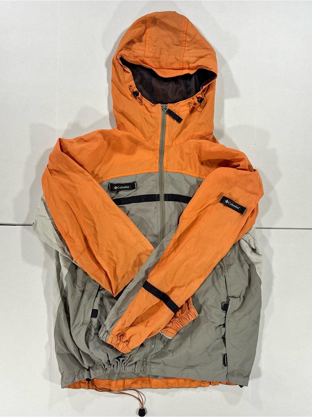 Vintage Columbia Men's Packable Orange Grey Hooded Windbreaker Jacket Sz Medium